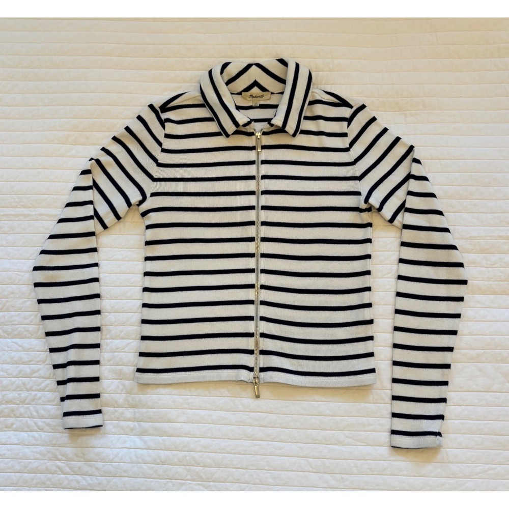Madewell Nautical Hamptons Preppy Cotton Navy White Striped Ribbed Zip Front S